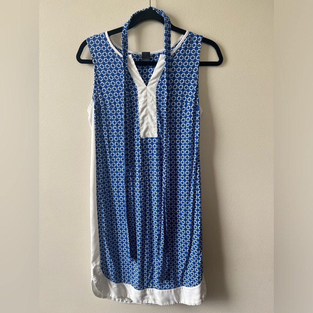 Ann Taylor LOFT Blue and‎ White Sundress Women SP Belted Sleeveless Round Hem